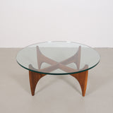 Vintage mid-century coffee table with teak base and glass top