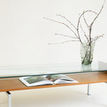 Midcentury salontafel in moderne stijl van teakfineer met glasplaat