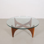 Vintage mid-century coffee table with teak base and glass top